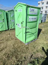 Sanicat portable toilet cabin, exterior view with company branding