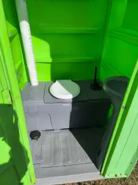 Portable toilet interior: hand-wash basin with foot pump